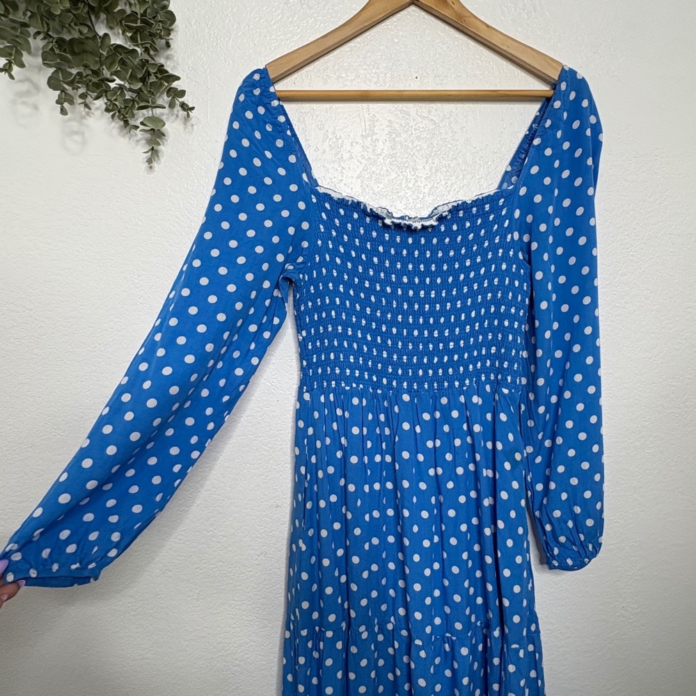 Dolan Anthropologie Collection Blue Polka Dot Smocked Tiered Dress Large - Picture 3 of 8